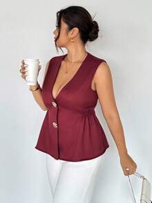 Firerie Chaqueta sin mangas con cuello en V profundo estilo francés retro de primavera y otoño, con 2 botones metálicos asimétricos, diseño de cintura plisada, bolsillos, tela de textura de bambú morado, adecuada para el Día de San Valentín, conciertos, actuaciones, citas, cenas formales, galas, bodas, sexy, elegante, viajes al trabajo, vuelta al colegio, vacaciones, playa, oficina, estilo sirena, fiesta de cumpleaños