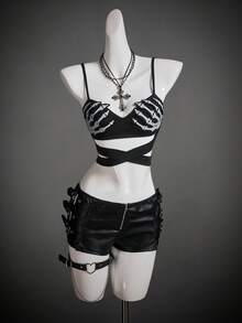 SHEIN ICON Women's Halloween Skeleton Hand Reflective Chest Print Bodycon Camisole Sexy Hollow Out,Black Tops - Black - View 3