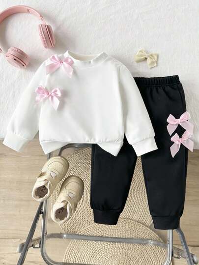 SHEIN 2pcs/Set Baby Girls Fuchsia & Pink Casual Cute Bow Decor Long Sleeve Sweatshirt Top & Pants Set, Autumn/Winter Fall