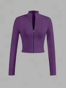 Slaydiva 休闲基础款秋冬V领拉链长袖修身外套 - E，女士拉链款 - 紫色 - 查看 1