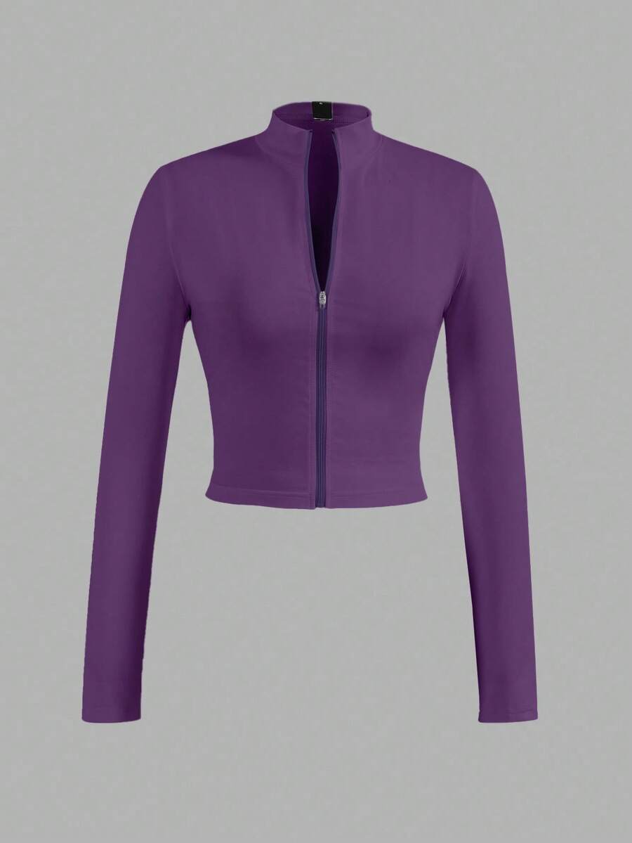 Slaydiva 休闲基础款秋冬V领拉链长袖修身外套 - E，女士拉链款 - 紫色 - 查看 1