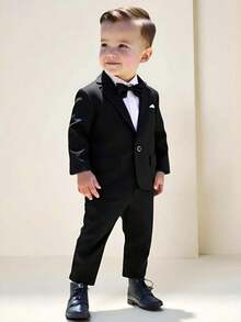 SHEIN 2pcs Baby Boys Elegant Formal Gentleman Suit Set, Including Long Sleeve Blazer Jacket With Fake Pockets And Elastic Waist Pants, No Shirt, No Bow Tie, Suitable For Spring/Autumn, 6 Months To 3 Years Old Boys, Formal Outfit For Wedding, Performance, Party, Birthday, Christmas, Graduation Fall Winter