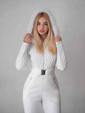 Sweetina Women's Autumn And Winter Warm Sweet Girl Casual White Quilted  Patchwork Knitted Zipper Pocket Fur Collar Hooded Slim Flared Jumpsuit Ski Suit