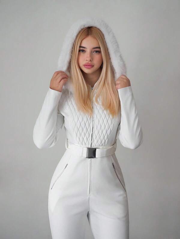 Sweetina Women's Autumn And Winter Warm Sweet Girl Casual White Quilted  Patchwork Knitted Zipper Pocket Fur Collar Hooded Slim Flared Jumpsuit Ski Suit