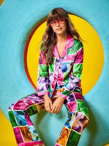 Chillnights X LOONEY TUNES Damen Cartoon Muster Farbblock Langarm Top & Hose Pyjama Set, Damen Pyjamas mit grafischem Muster, Cartoon Muster Pyjamas, bunte Pyjamas, Herbstkleidung