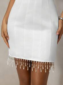 Vowa Elegant White Minimalist Glossy Satin Bodycon Mini Dress With Fuax Pearl Tassel Adjustable Tie, Suitable For Vacation, Date, Birthday, Bachelorette Party, Graduation, Homecoming, Wedding, Shopping, Afternoon Tea, Prom, Bridal Shower, Formal Dress, Bride, Graduation, Ladies Graduation Dress, Homecoming Dress, Valentine's Day - White - View 4