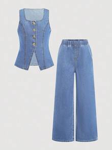 Firerie Kids Firerie Kids Tween Girls' Summer Casual Denim Vest & Pants Suit - Light Wash - View 5