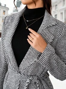 Ellevyn 女士优雅长袖中长款灰色外套，适合秋冬日常穿着，长款格纹/人字纹大衣 - 黑與白 - 查看 6