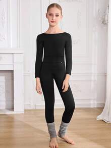 SHEIN 青少年女孩舒适合身芭蕾舞蹈运动跑步骑行健身时尚金色装饰黑色舒适弹力连体裤 - 黑色 - 查看 1