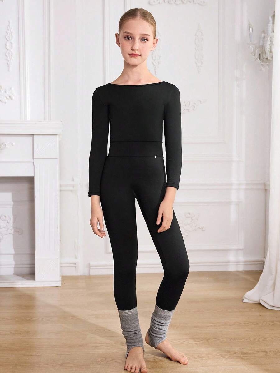 SHEIN 青少年女孩舒适合身芭蕾舞蹈运动跑步骑行健身时尚金色装饰黑色舒适弹力连体裤 - 黑色 - 查看 1