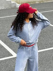 SHEIN Explorewe 2pcs/Set Pakaian Anak Perempuan Remaja Modis: Hoodie Berresleting dan Celana Pinggang Elastis, Musim Gugur - Light Grey - View 3