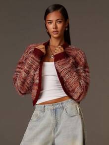 Athîral Women's Soft Plush Wine  Red Color-Block Striped Crochet Cardigan,  French Style, Vintage Style, Suitable For Commuting,Casual Everyday Wear,Autumn/Winter