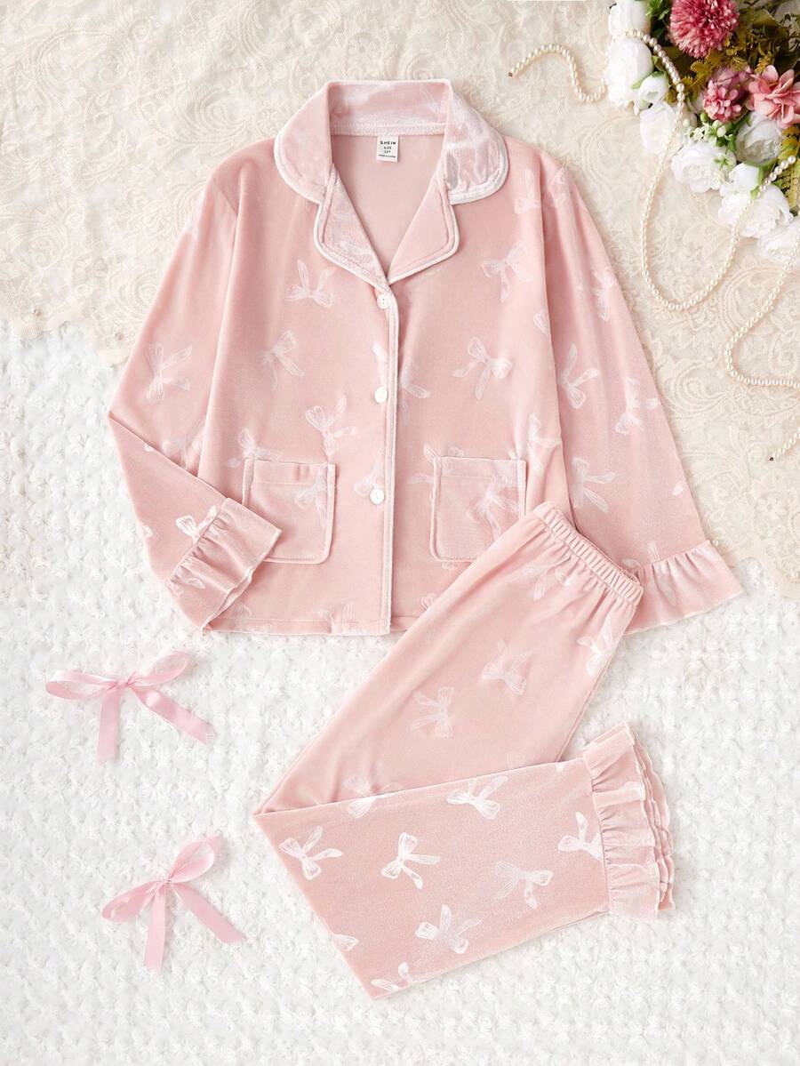 Genkimix Kids 2pcs/Set Cute Velvet Bow & Floral Print Long Sleeve Cardigan And Pants, Comfortable Casual Loungewear For Girls Girls Pink Pajama Set Fall Winter - Pink - View 1