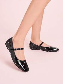 CUCCOO DOLLMOD Women's Rhinestone Decor Glossy Buckle Design Flat Casual Shoes - Black - View 3