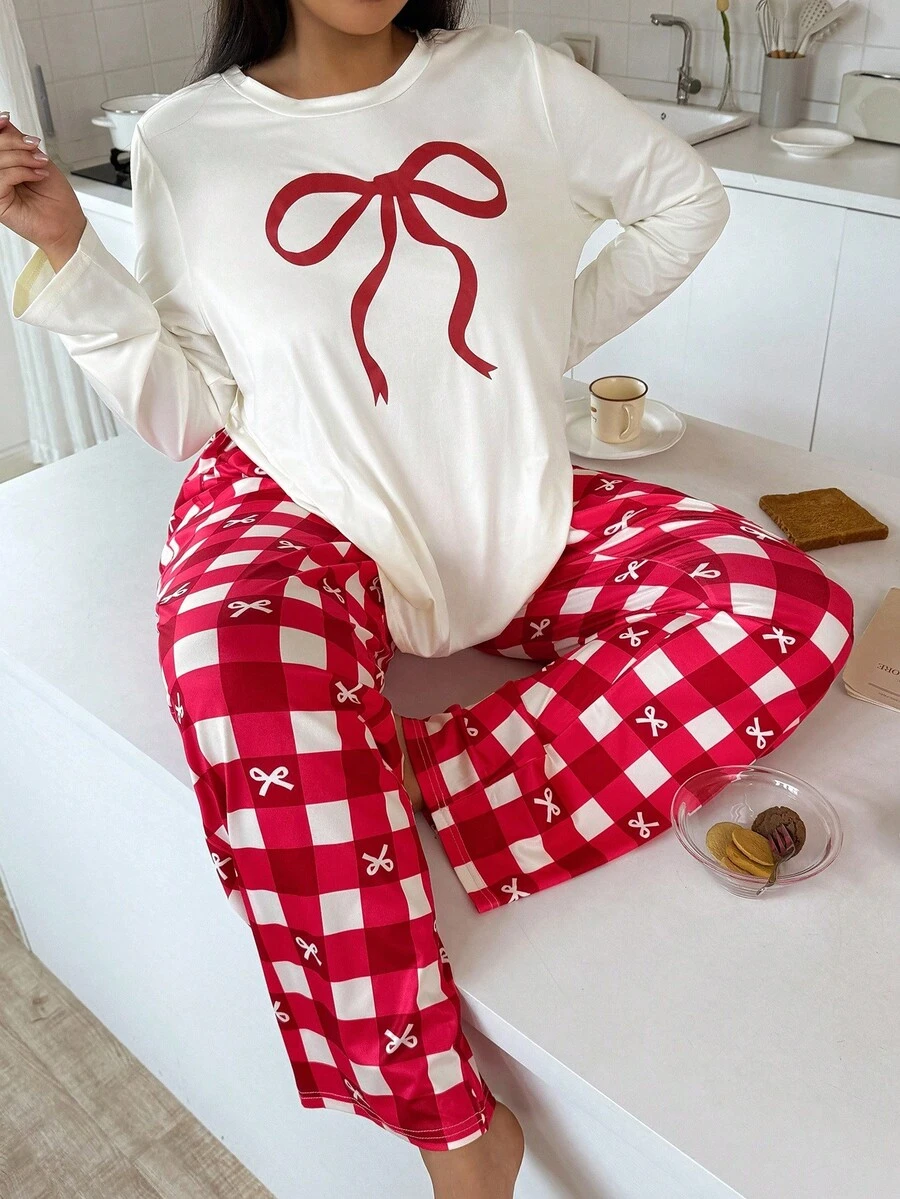 SHEIN 大码格子蝴蝶结印花休闲圆领长袖上衣和裤子睡衣套装,蝴蝶结睡衣,圣诞睡衣,舒适套装,秋冬服装 - 紅色 - 查看 1