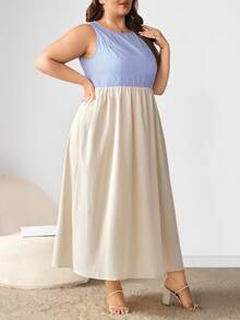 Enliva Plus Size Women's Blue And White Striped Midi Dress With Diamond Detail/Autumn /Winter