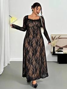 Firerie Rochie de seară cu mânecă lungă din dantelă, în culori contrastante, cu tiv evazat, mărime plus, sexy pentru petrecere, întâlnire, seară, bal, potrivită pentru primăvară și începutul toamnei - Negru - Vizualizare 1