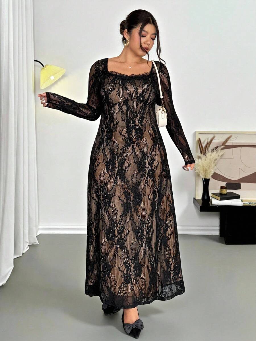 Firerie Rochie de seară cu mânecă lungă din dantelă, în culori contrastante, cu tiv evazat, mărime plus, sexy pentru petrecere, întâlnire, seară, bal, potrivită pentru primăvară și începutul toamnei - Negru - Vizualizare 1