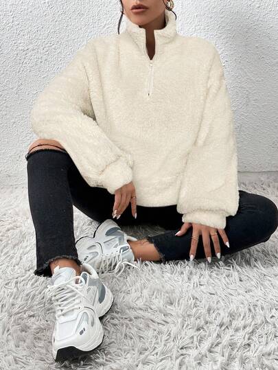 SHEIN EZwear Sudadera casual de mujer con media cremallera, bolsillo y hombros caídos, color albaricoque, otoño