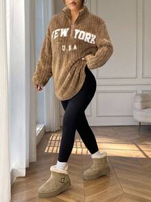 SHEIN EZwear مجموعة من 2 قطعة: هوديي بسحاب مطبوع عليه حرف وبنطال يوجا مناسب، متعدد الاستخدامات مقاس كبير، للخريف/الشتاء