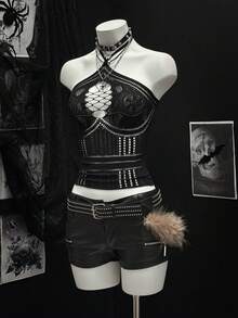 EgrlEra Sexy Vacation Style Green Jacquard Halter Neck Blouse For Women - Black - View 5