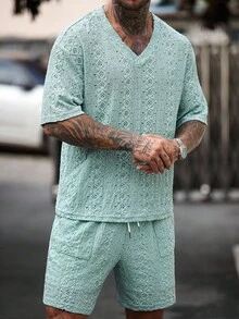 Manfinity Homme 2pcs Men's Knitted Textured Jacquard Solid Color T-Shirt And Shorts Set