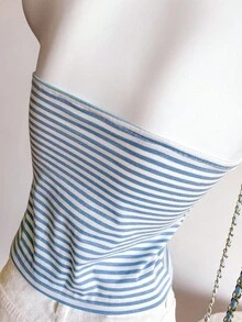 Teenage Girls Casual Minimalist Blue And White Striped Knit Tube Top Versatile Camisole - Multicolor - View 4