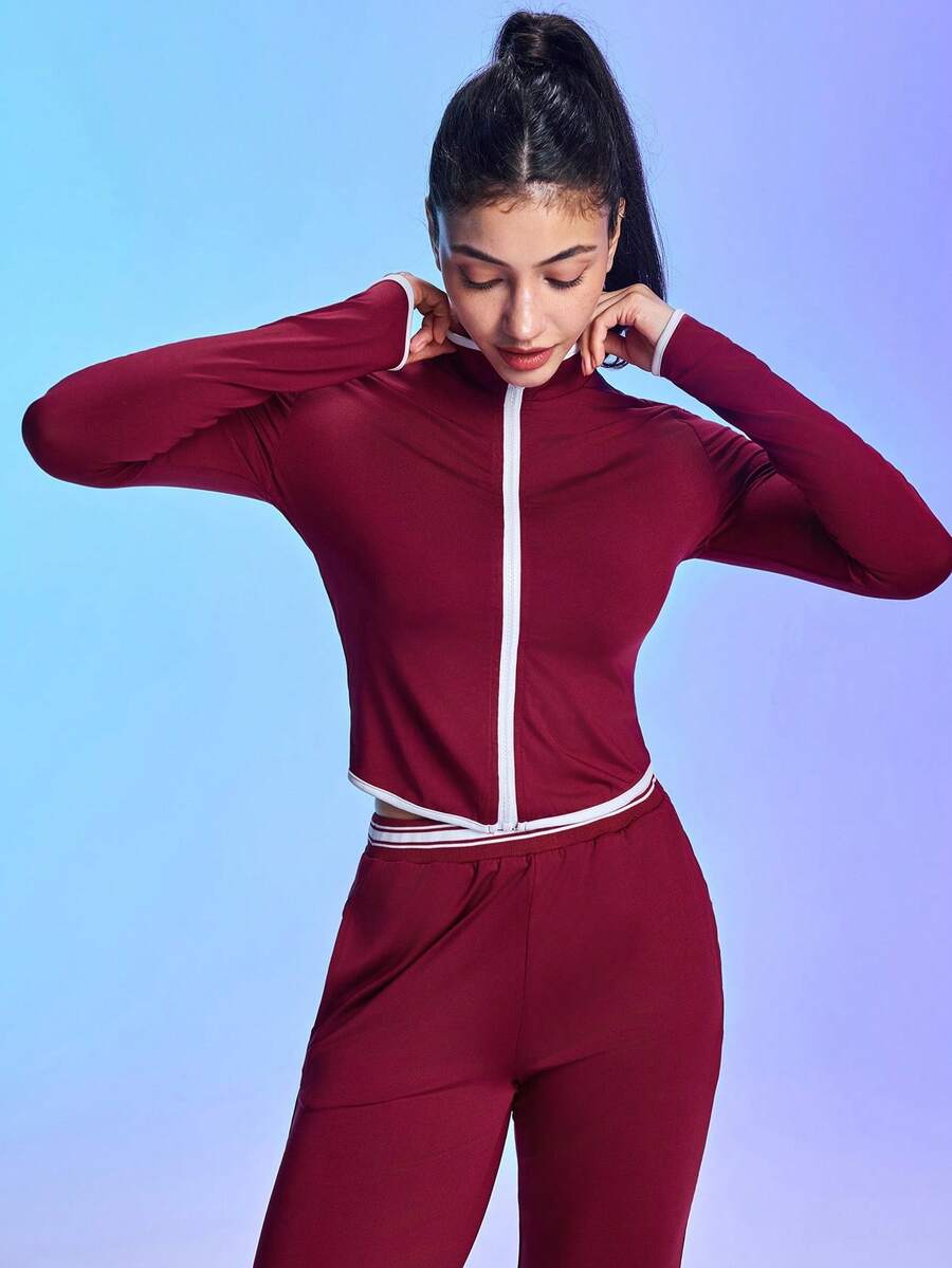 SHEIN Dewbera Áo khoác Raglan ngắn cổ đứng vừa vặn dành cho nữ, đồ thể thao co giãn phù hợp để chạy bộ và tập luyện Bộ đồ nỉ cho nữ Bộ đồ chạy bộ dành cho nữ Bộ đồ thể thao dành cho nữ Bộ đồ thể thao giải trí Bộ đồ nỉ cho nữ Bộ đồ chạy bộ dành cho nữ Bộ đồ tập luyện màu nâu đỏ Bộ đồ thể thao dành cho nữ Bộ đồ nỉ cho nữ - Đỏ - Xem 1