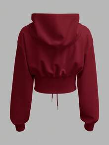 SHEIN EZwear 秋冬女士酒红色针织贴花系带长袖连帽卫衣 - 酒紅色 - 查看 2