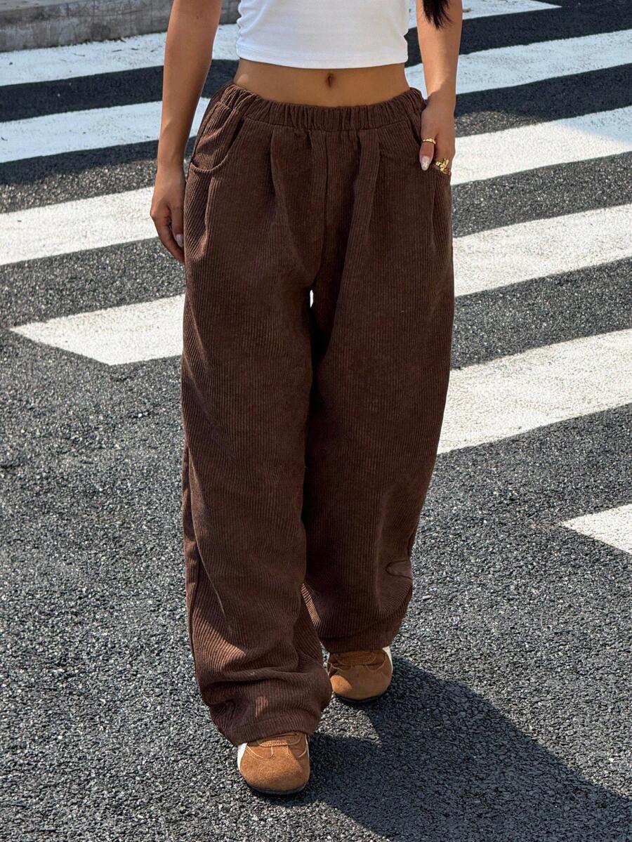 Teens Girls Brown Corduroy Loose Fit Casual Pants, Thick And Versatile For Daily Wear Brown Pants Wide Leg Corduroy Pants Baggy Pants Brown Corduroy Pants Y2k Pants - Mocha Brown - View 1