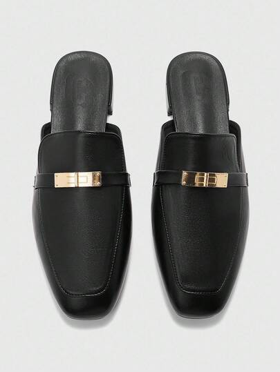 CUCCOO BIZCHIC Women's Square Toe Comfortable Casual Daily Versatile Black Flat Loafers, Mules