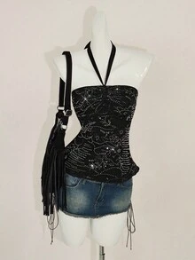 SHEIN ICON Y2k 露背勃艮第外出复古波西米亚嬉皮音乐会串珠时尚度假闪光派对闪亮亮片无袖短款上衣，露背修身夏季背心 - 黑色 - 查看 1