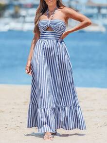 Sylviya Women Vacation Striped Print Cut Out Ruffle Hem One Piece Summer Beach Halter Dress,Pastel Dresses For Women - Blue and White - View 1