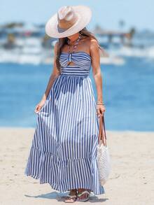 Sylviya Women Vacation Striped Print Cut Out Ruffle Hem One Piece Summer Beach Halter Dress,Pastel Dresses For Women - Blue and White - View 5