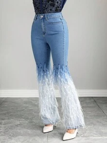 Elenzga Patchwork Fringe Flare Jeans - Medium Wash - View 4
