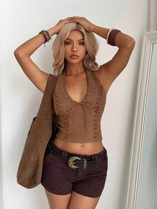 Aloruh Bohemian Deep V-Neck Lace-Up Suede Blouse Sexy - Brown - View 5