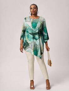 SHEIN Tall CURVE 大码休闲简约全印花衬衫，适合秋季 - 綠色 - 查看 4