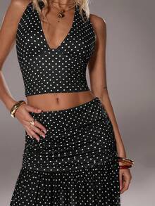 TRNVIE 1pc Women's Sexy Halter Neck Backless Camisole Top And 1pc High Waist Chiffon Maxi Skirt 2-Piece Set, Elegant For Daily, Commute, Party - Black - View 7