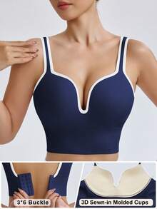 Seamluxe SHEIN Sport Women Solid Color Seamless High Intensity Fixed Cup Sports Racerback Bra,Sports Bras Without Removable Pads ,Sports Bra With Sewn-In Pads, High Impact Support With Non-Removable Pads Molded Cups,For Women High Support Racerback,Workout, Yoga,  Running Sports Bra V Neck Sports Bra Navy Blue Sports Bra Yoga Top With Bra Sports Bra With Sewn-In Cups Bras For Women Sport Yoga Bra