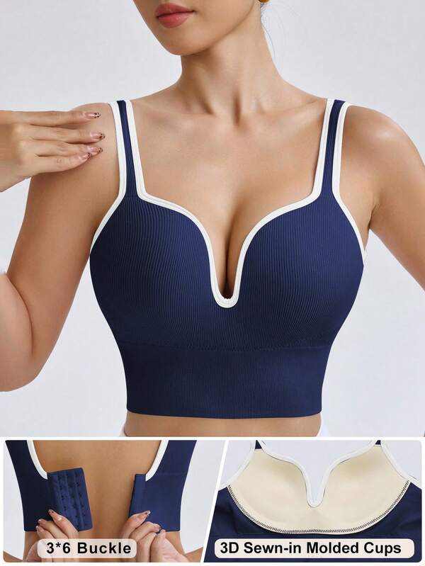 Seamluxe SHEIN Sport Women Solid Color Seamless High Intensity Fixed Cup Sports Racerback Bra,Sports Bras Without Removable Pads ,Sports Bra With Sewn-In Pads, High Impact Support With Non-Removable Pads Molded Cups,For Women High Support Racerback,Workout, Yoga,  Running Sports Bra V Neck Sports Bra Navy Blue Sports Bra Yoga Top With Bra Sports Bra With Sewn-In Cups Bras For Women Sport Yoga Bra