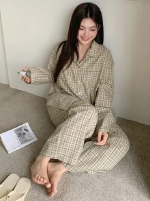 Dazy Plus 两件套加大码女式格子翻领宽松上衣和裤子睡衣套装，春秋季、秋冬季服装，舒适套装 - 卡其色 - 查看 6
