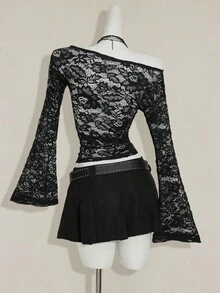 SHEIN ICON Sexy & Fashionable Off Shoulder Lace Long Sleeve Sheer Blouse,Black Tops - Black - View 2