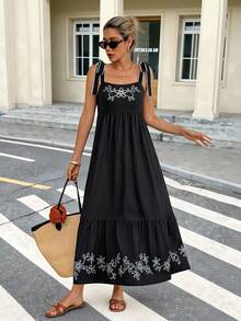 SHEIN Frenchy Women's Embroidered Tie Shoulder Maxi Dress,Black Floral Print Sleeveless Boho Summer Beach Dress,Elegant Vacation Holiday Outfits,Business Casual - Multicolor - View 7