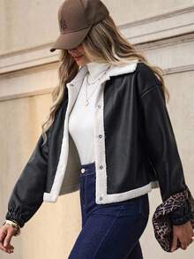 SHEIN Clasi Jachetă casual din fleece cu umeri căzuți, cu nasturi, pentru femei, toamnă/iarnă - Negru - Vizualizare 1