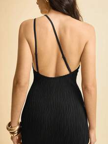 CAJUNI Women's Wavy Texture Knit Fabric Spaghetti Strap Backless Fitted Vacation Dress, Sexy Summer