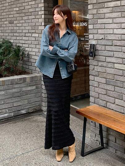 DAZY Áo sơ mi denim cổ bẻ tay dài rộng rãi thời trang