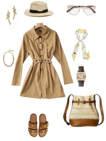 Franclia Mono de mujer moderno de utilidad con solapa, pierna semi-abierta, cintura ceñida, manga larga