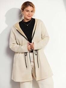 Momelise Neue Damen Jacke in Große Größen für Herbst/Winter, lässig mit Kapuze, Kordelzug, knielang in Beige, mit Taschen und Reißverschluss, tailliert, minimalistisch & vielseitig - Aprikosenfarben - Übersicht 4
