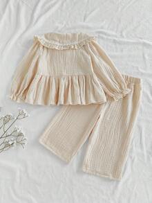 SHEIN Vintaside Kids 2 件套女婴休闲学院风翻领长袖上衣和裤子套装，适合春秋季日常穿着 - 杏色 - 查看 2