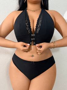 SHEIN 2 piezas Conjunto de lencería con cierre delantero de encaje para tallas grandes